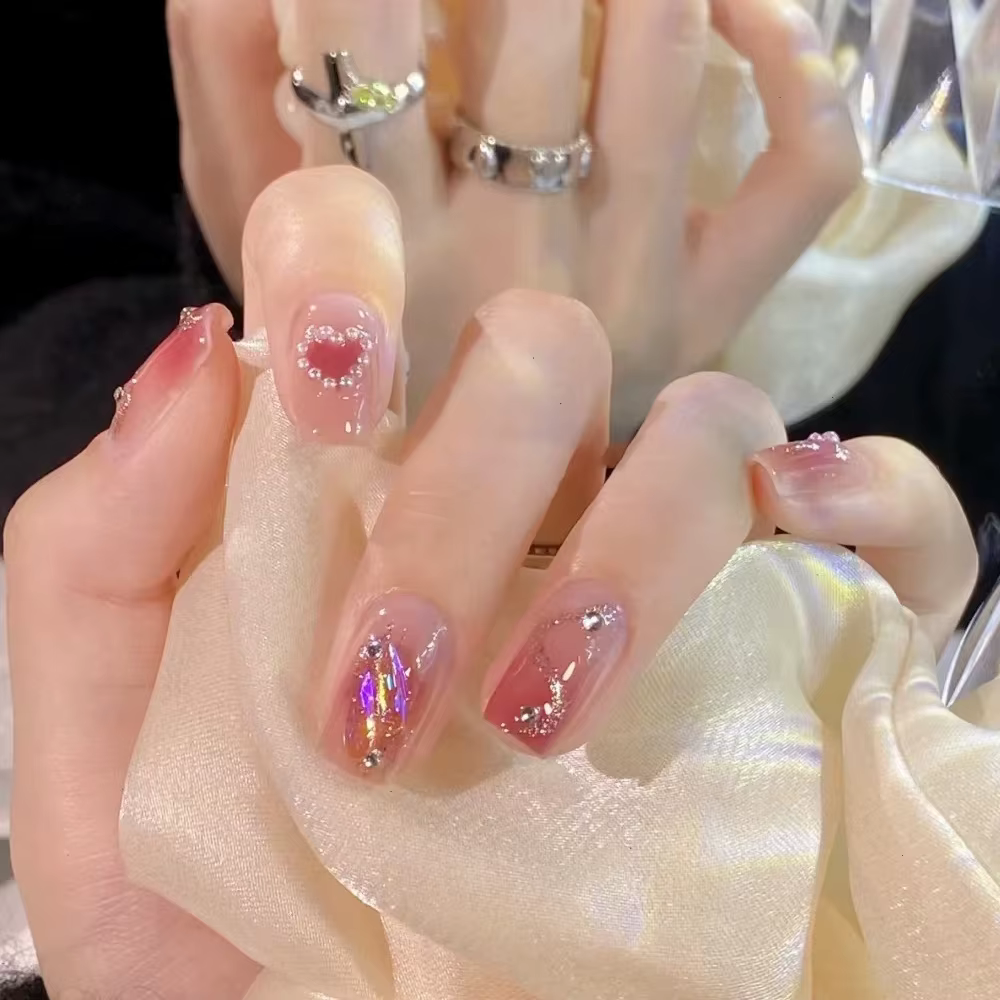 24 pièces brillant court plat presse sur ongles rose paillettes Style français faux