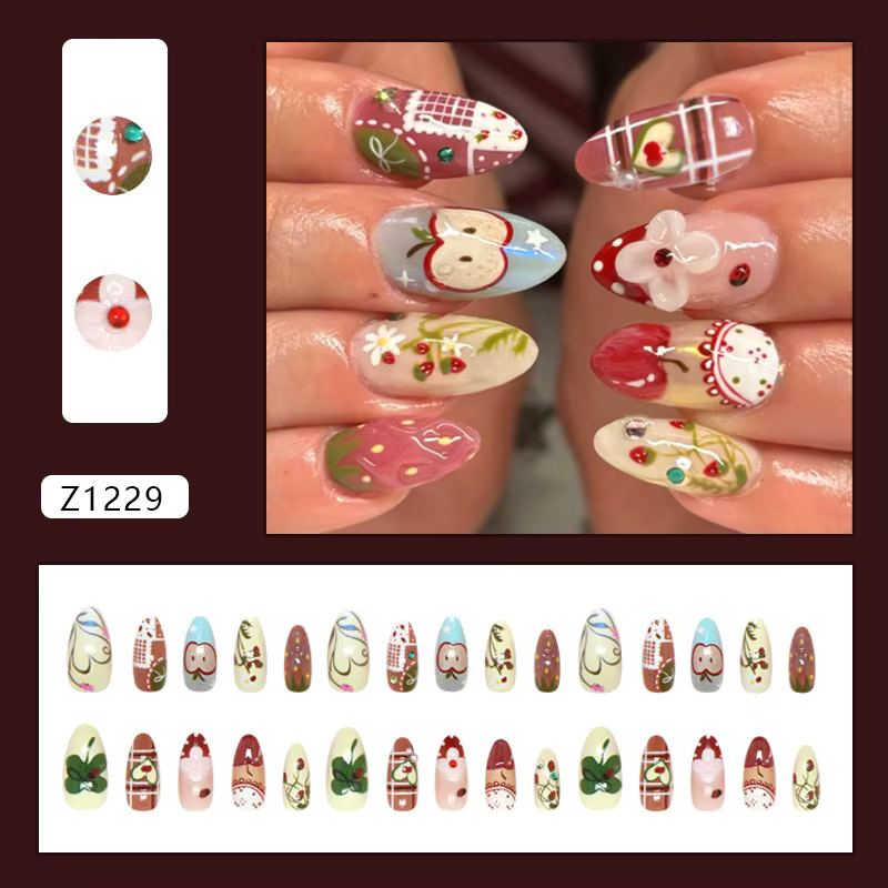24 pièces mignon amande presse sur ongles dessin animé pomme fraise doux rose Plaid modèles français faux