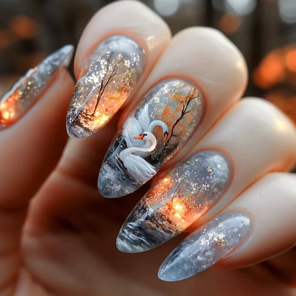 24 pièces/ensemble faux ongles mi-longs fleurs de poisson de cygne pour la saison d'été dégradé amande pointes de