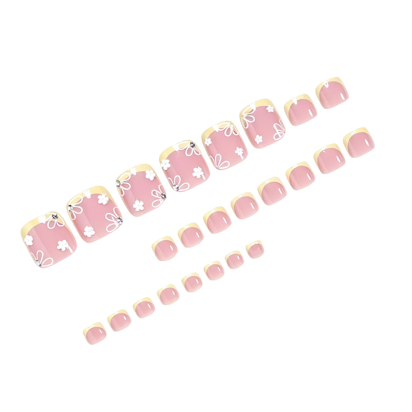 Ongles carrés français jaunes avec motif floral blanc