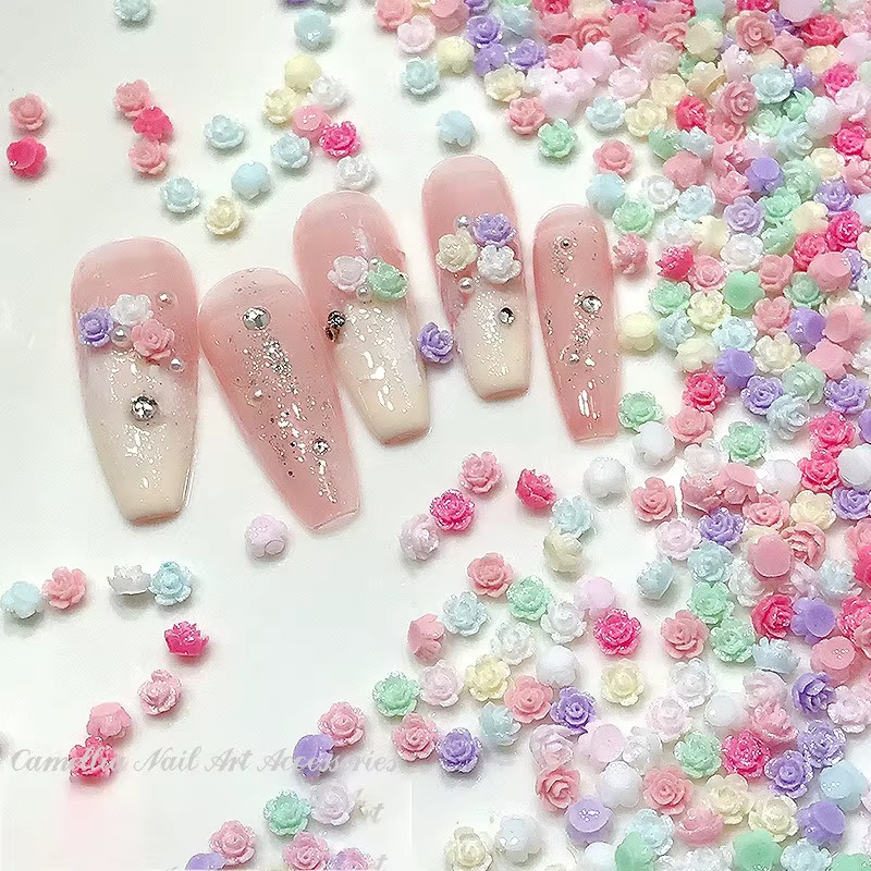 Mélange coloré Mini camélia Rose Lily résine Nail Art strass décorations fraise nœud papillon manucure beauté fleur ornements
