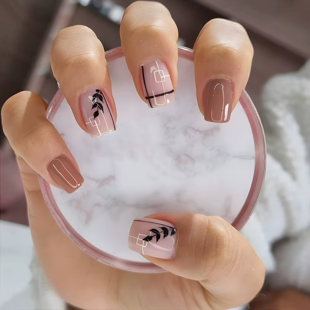 24 pièces brillant court plat presse sur ongles rose paillettes Style français faux