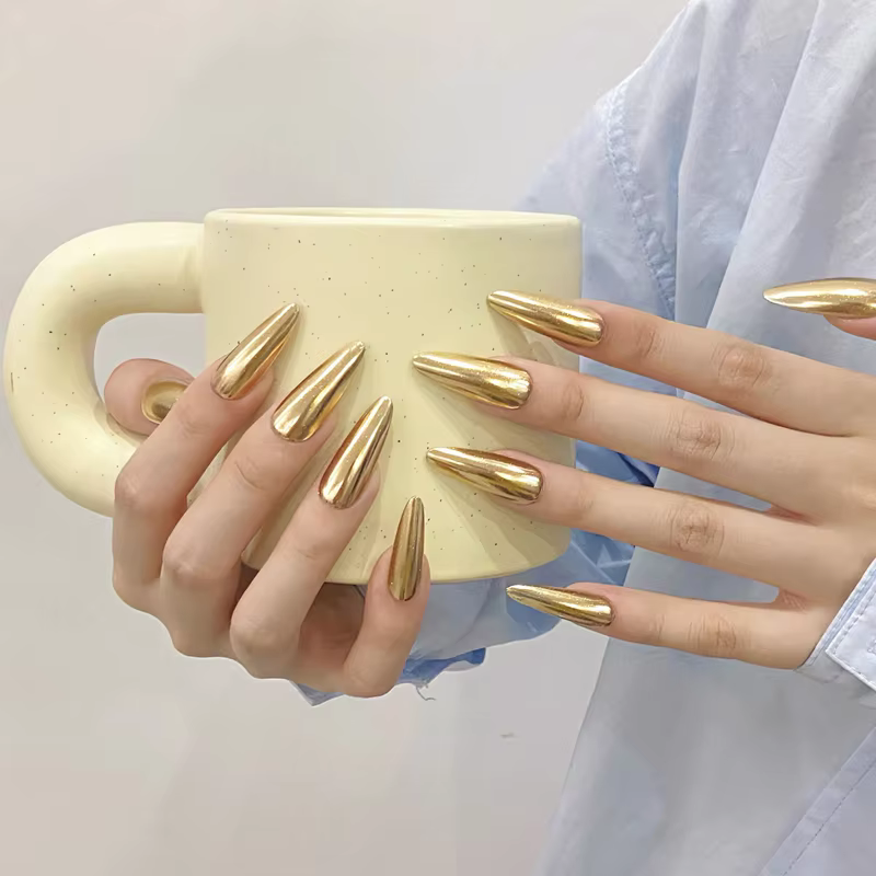 10 pièces longues amande or presse à la main sur les ongles acrylique faux
