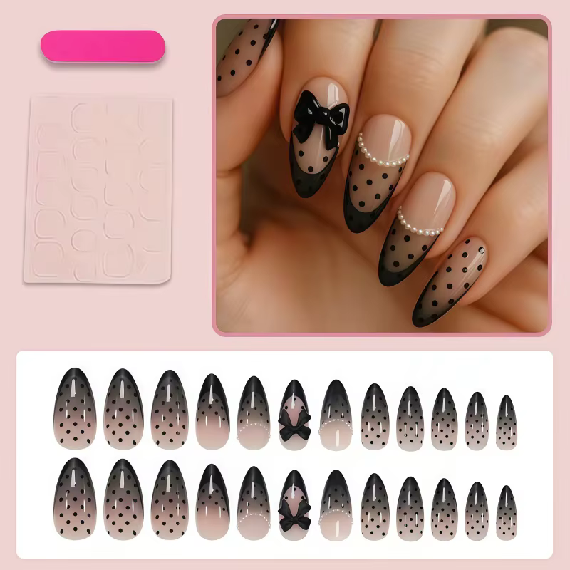 24 faux ongles noirs à pois