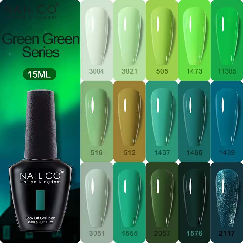 NAILCO 15ml Série Verte Gel Vernis à Ongles Couleur Foncée Couche de Finition Mate Hybride Longue Durée UV LED Nail Art Base Coat Manucure Soak Off