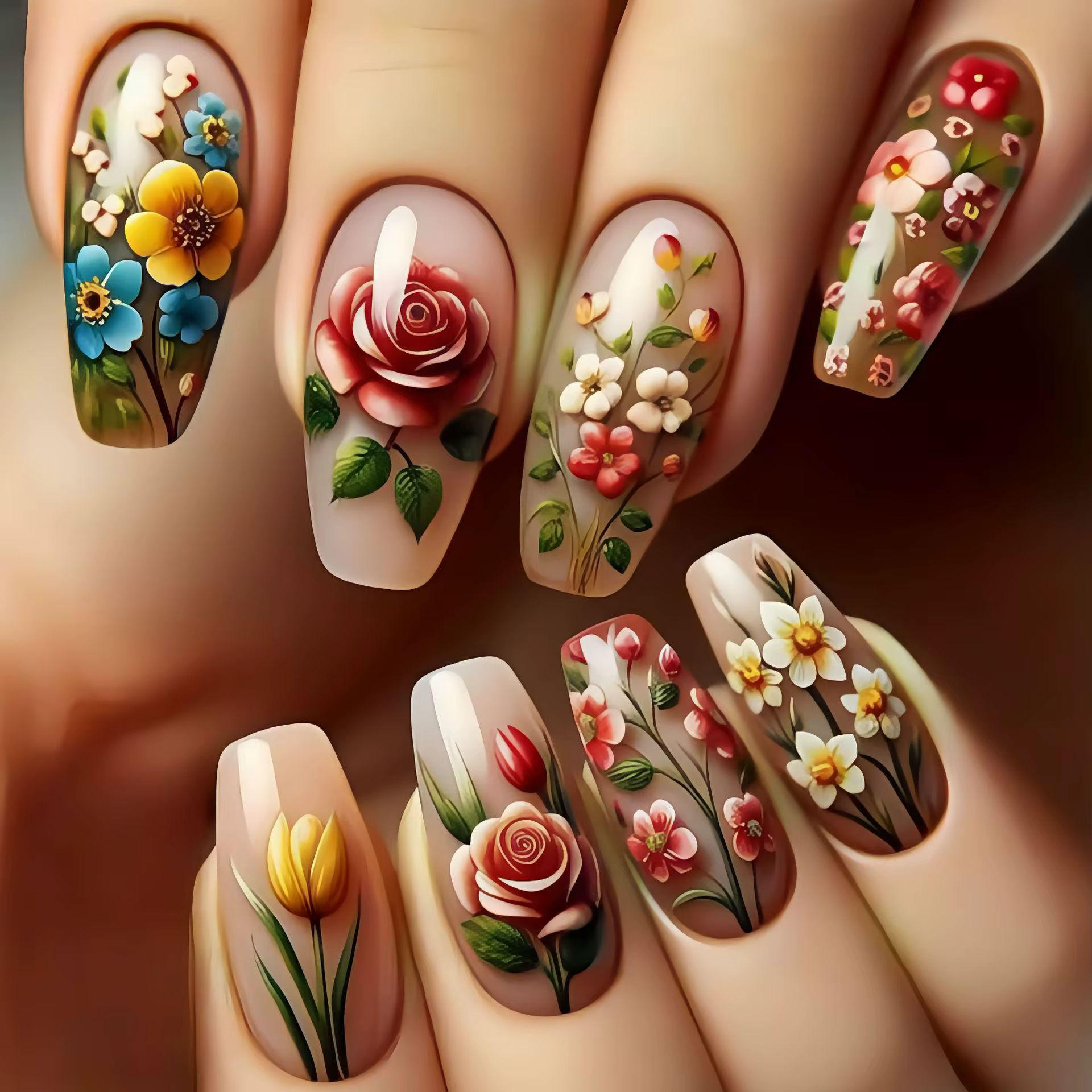 24 pièces/ensemble faux ongles courts moyens pour le printemps été belles fleurs colorées abeilles