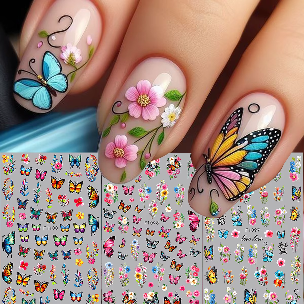 Autocollants pour ongles papillon fleur printemps et été