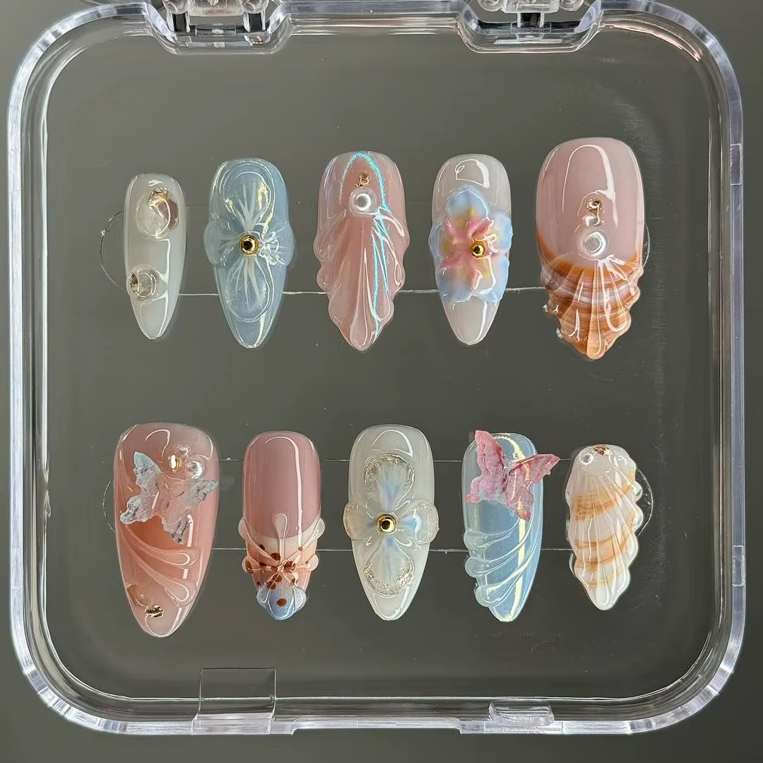 Tendance 3D Shell Nail Art été longue plage vacances ongles amande pointe française papillon 3d printemps fleur à la