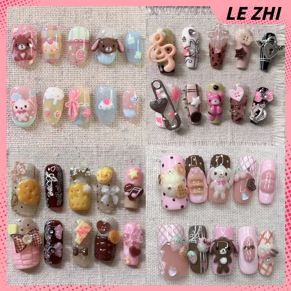 Dessin animé Kawaii Rilakkuma Long carré Stiletto fait à la main couverture complète ongles Biscuit fraise Notes de