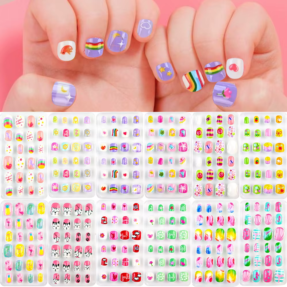 Faux ongles autocollants pour enfants de 5 à 12 ans