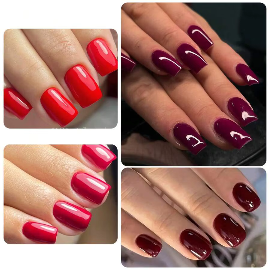 96 pièces rouge presse sur ongles moyen carré bordeaux cerise couleur unie faux