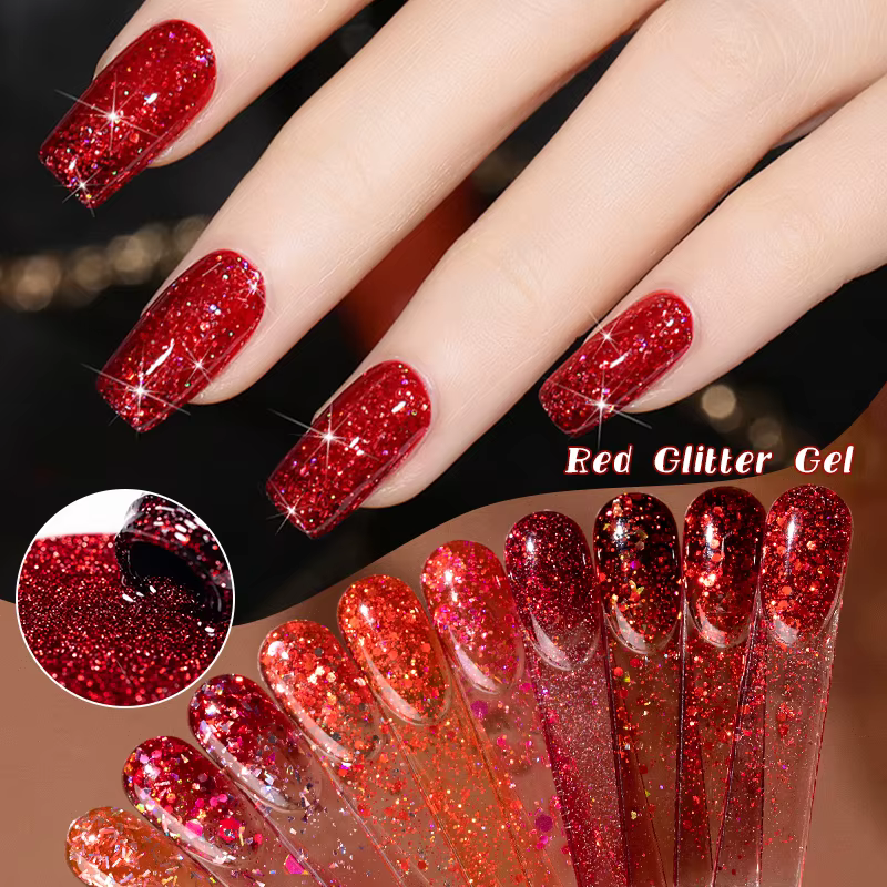 Vernis à ongles Gel à paillettes rouge de noël
