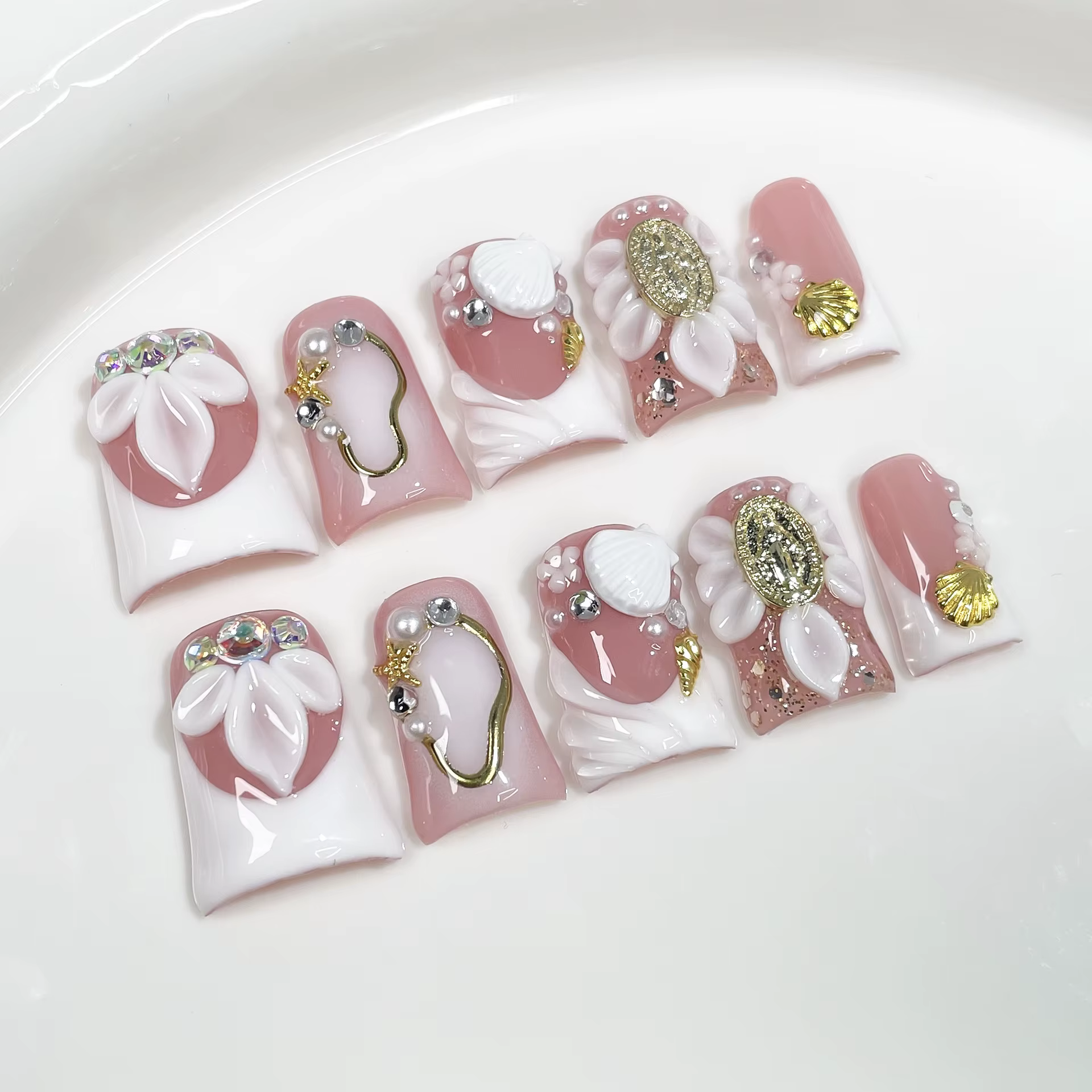 10 pièces doux doux presse sur ongles français canard Bill forme faux ongles 3D sculpture fleur strass à la main portabl