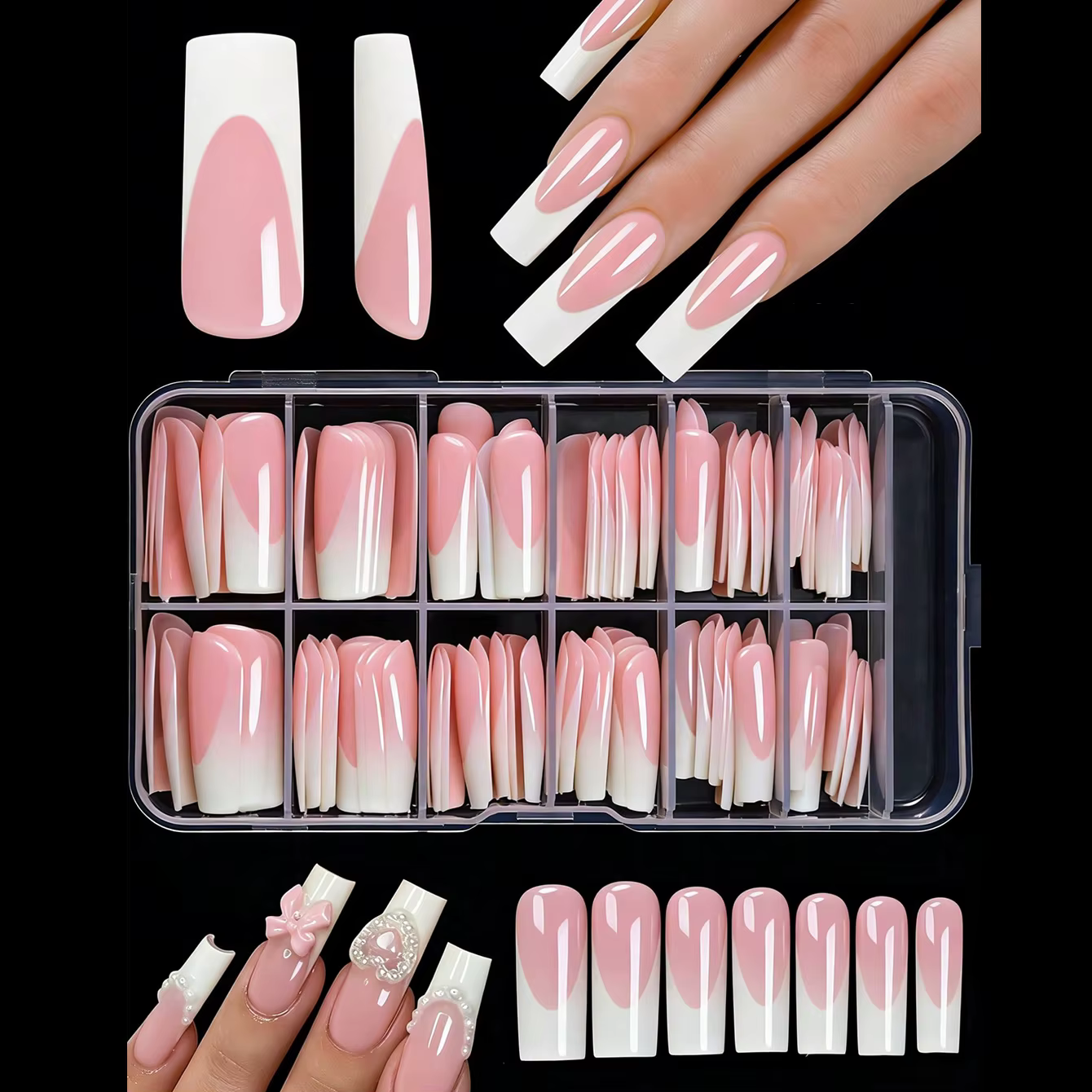 120 pièces par boîte d'ongles artificiels de style français rose clair