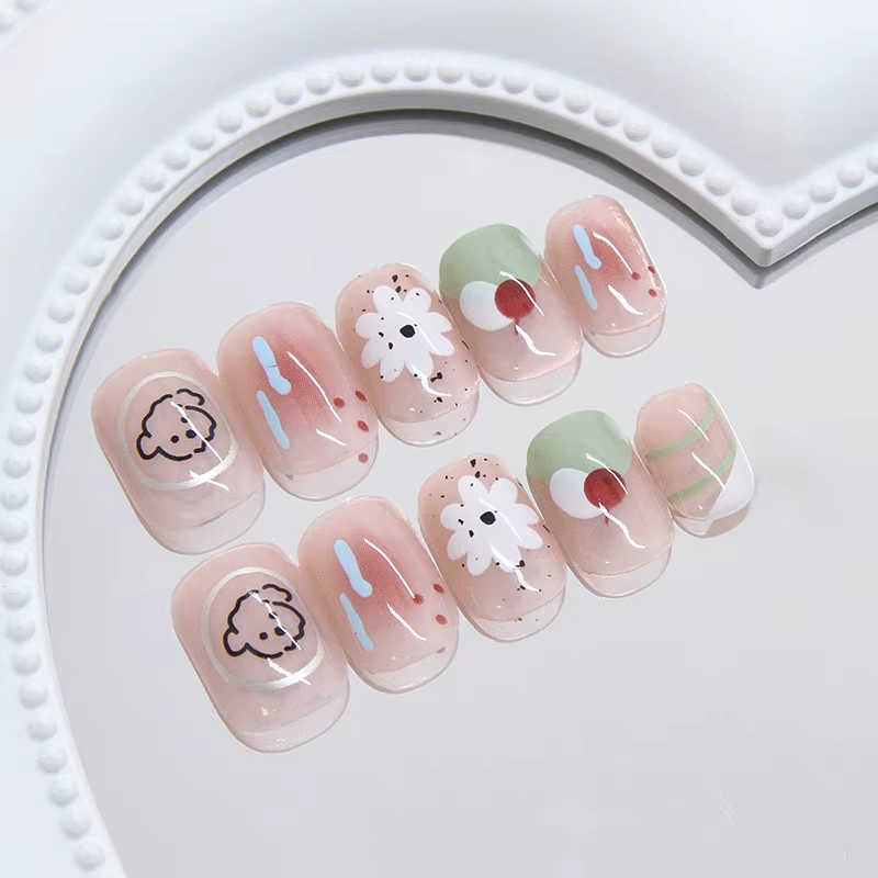 24 pièces Blush faux ongles avec colle fleur chiot été presse