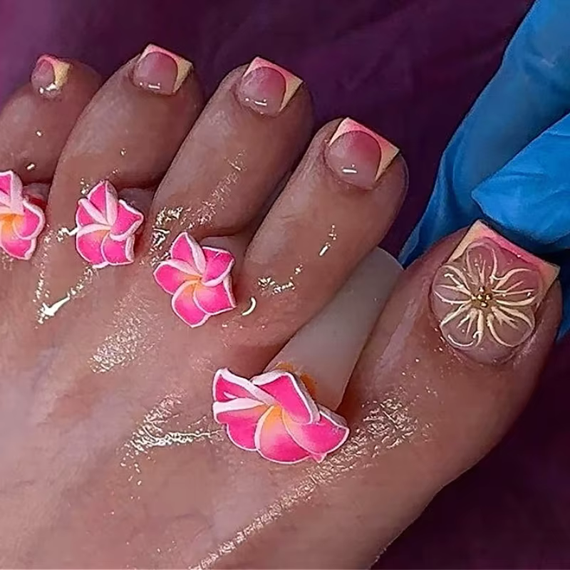 Orange français été 3D fleurs Nail Art portable mode faux ongles détachable fini orteil