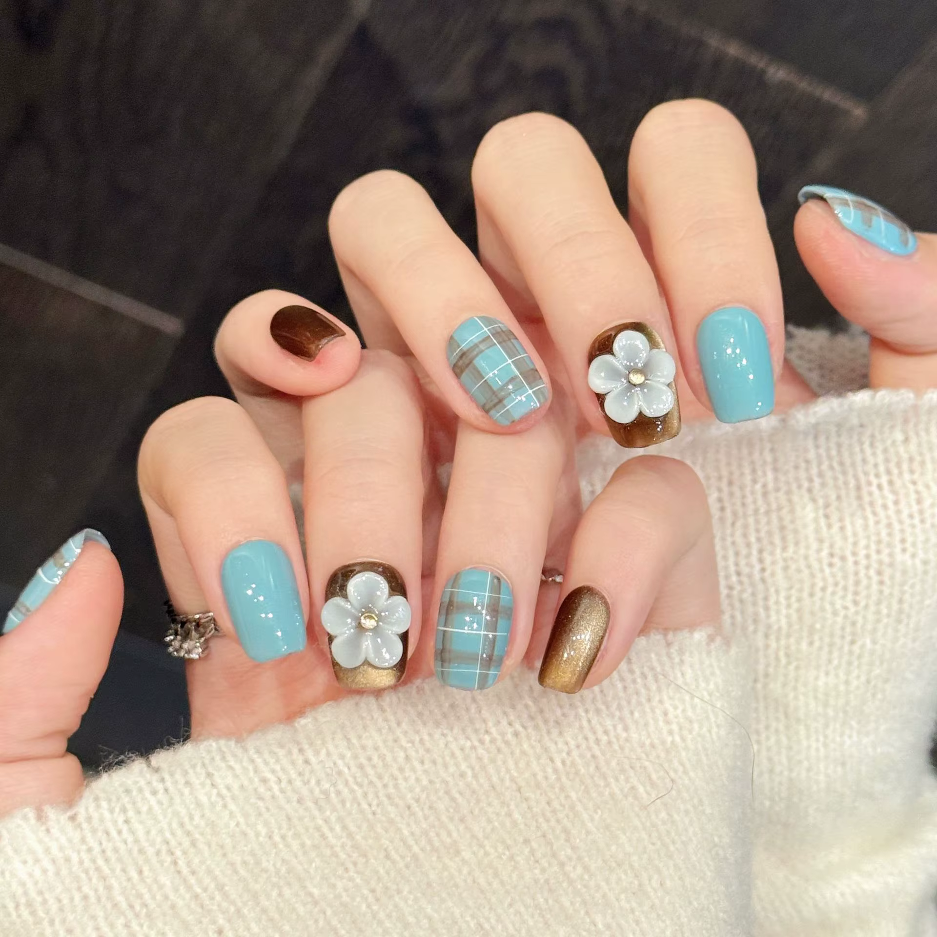 10 pièces velours oeil de chat à la main presse sur ongles 3D fleur faux