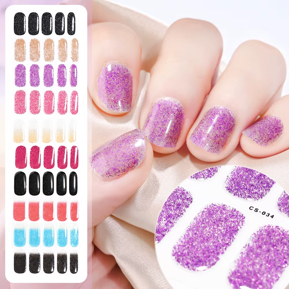 16 conseils UV Gel semi-durci ongles autocollant français couverture complète lumineux blanc paillettes Gel