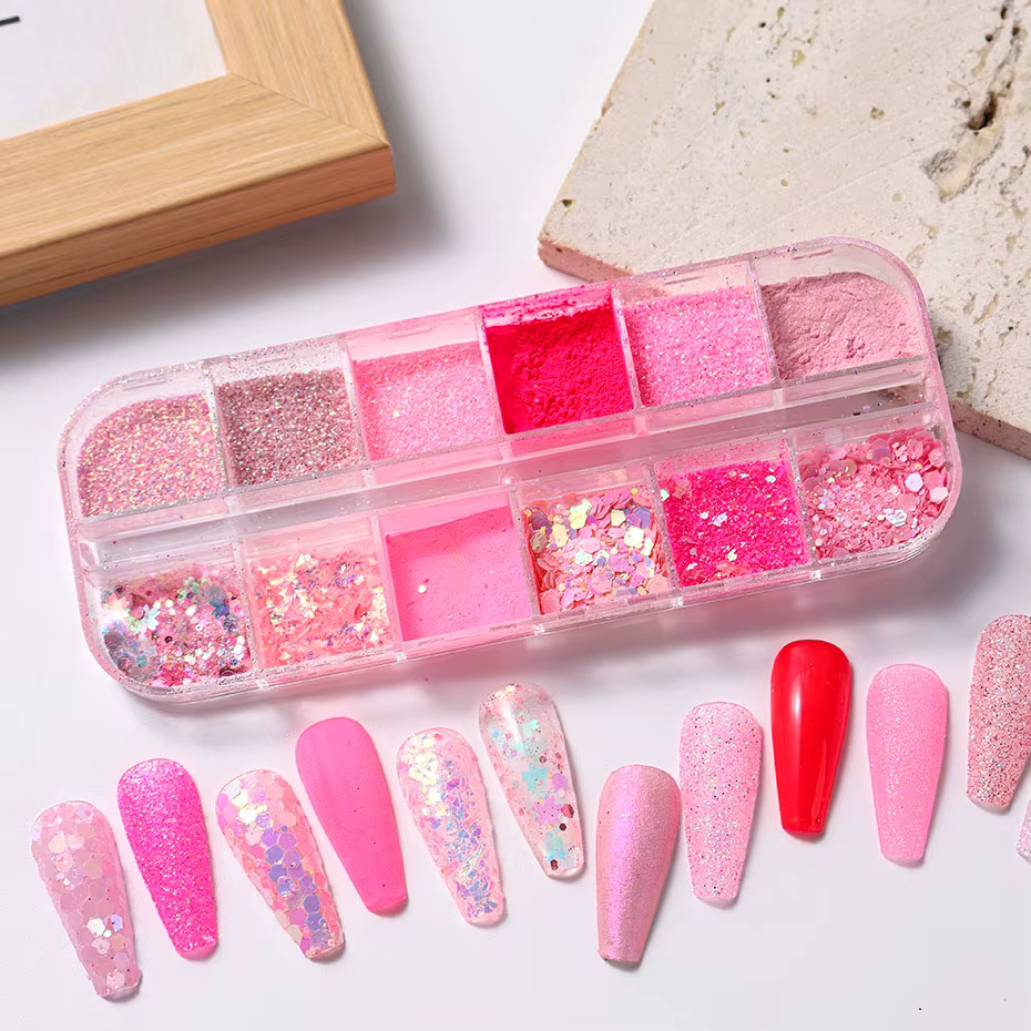 Poudre à ongles à paillettes rose