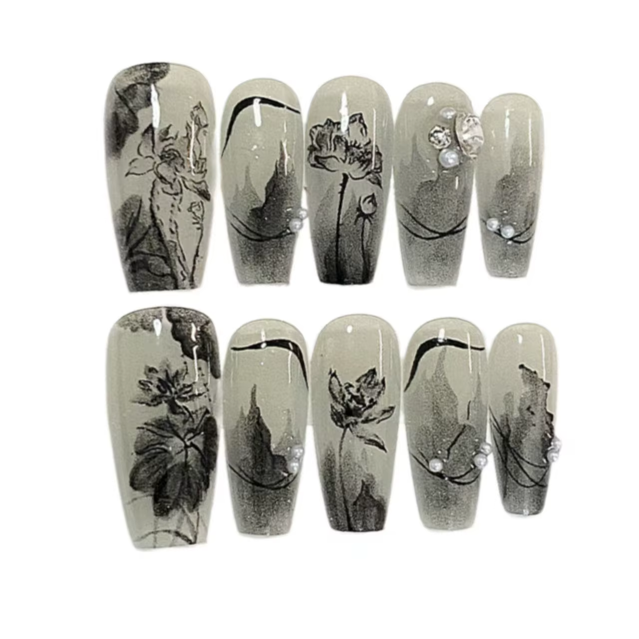 Peinture à encre noire de style chinois faux ongles patchs lotus