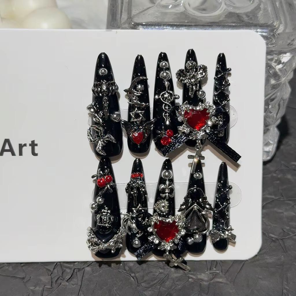 Menhera Y2K Spice Girls Faux Ongles à Presser Faits Main Noirs et Rouges à Pointe Longue