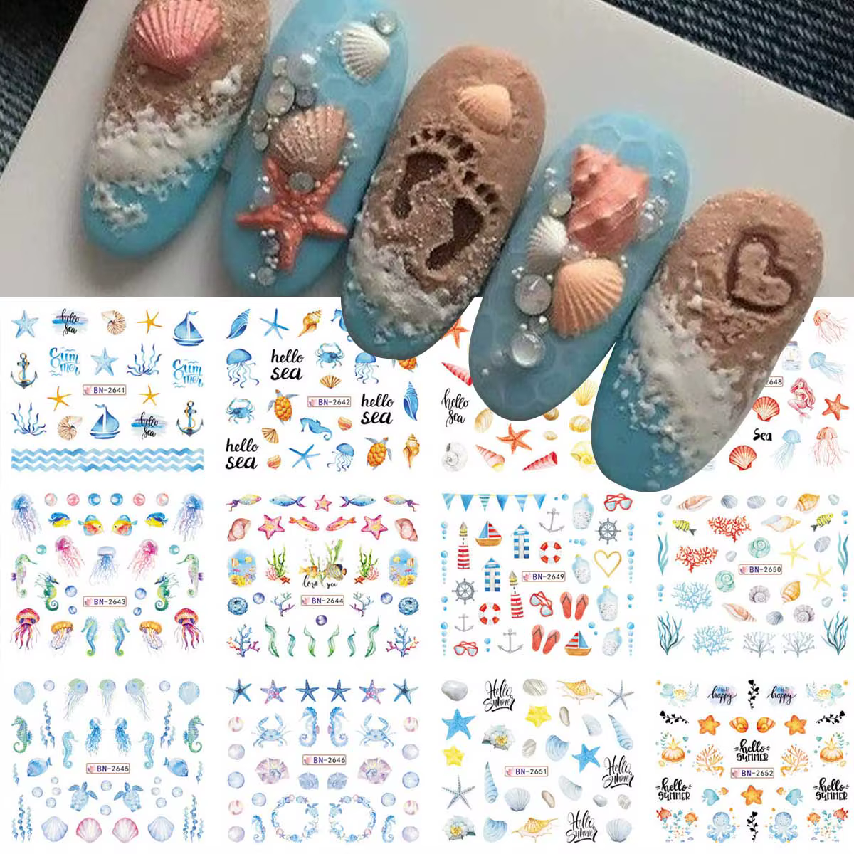 12 Motifs d'Autocollants pour Ongles Thème Océan Estival – Conques