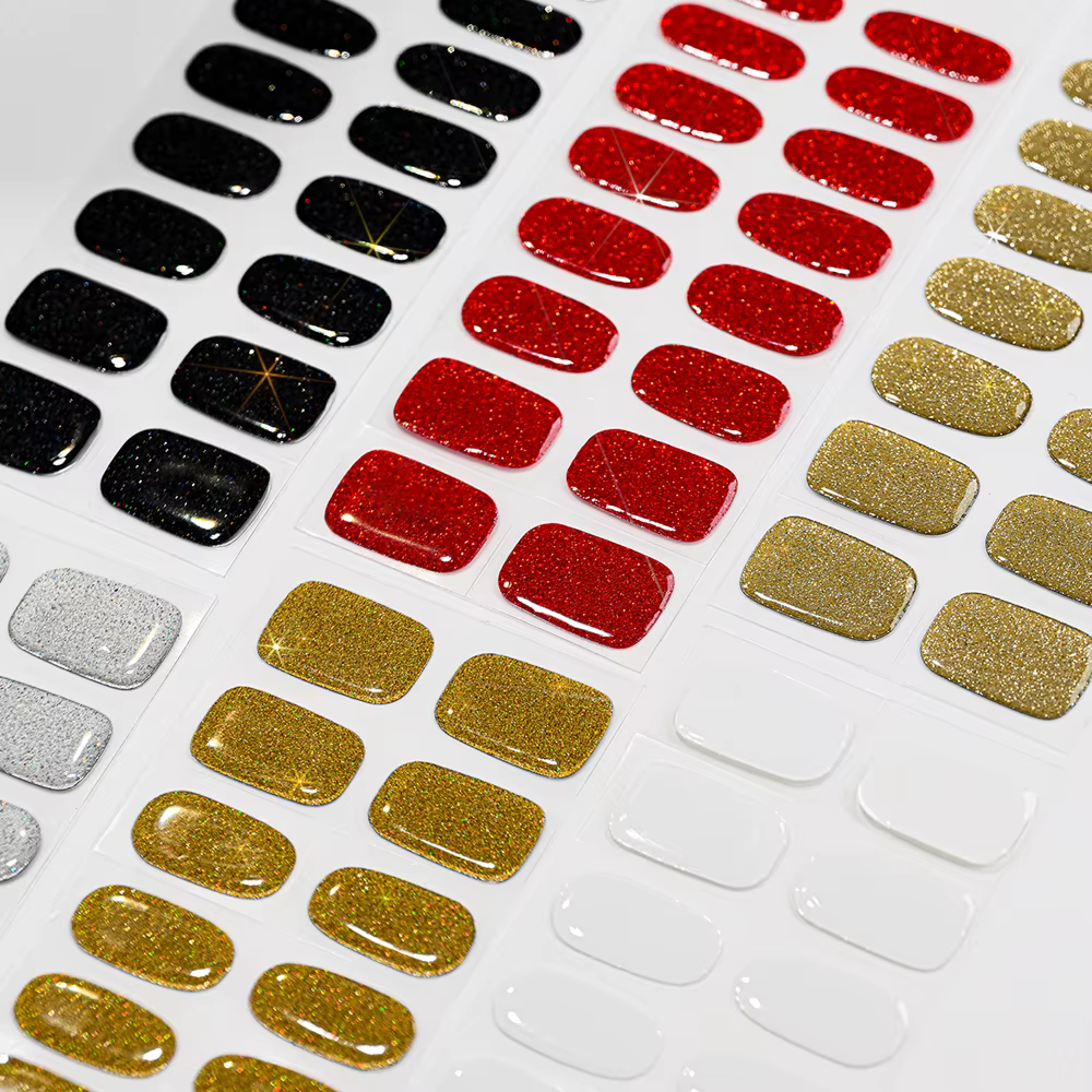 16 autocollants pour ongles en gel semi-durci à paillettes noires + 1 lime