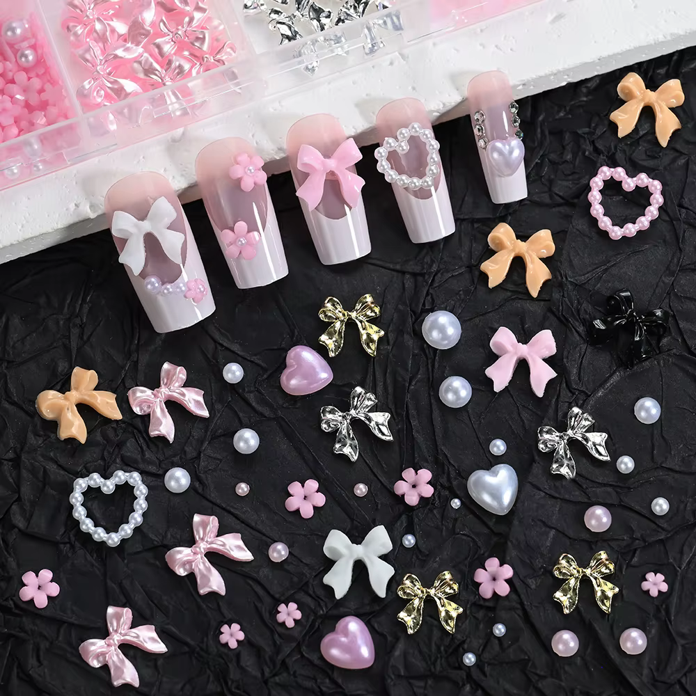12 grilles 3D ruban multicolore fleur Nail Art breloques simulés pétales amour
