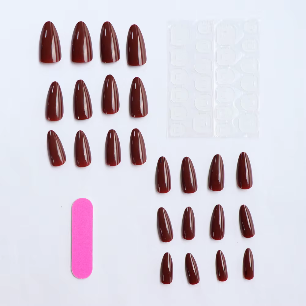 24 pièces/ensemble Simple vin rouge faux ongles mi-longue amande presse
