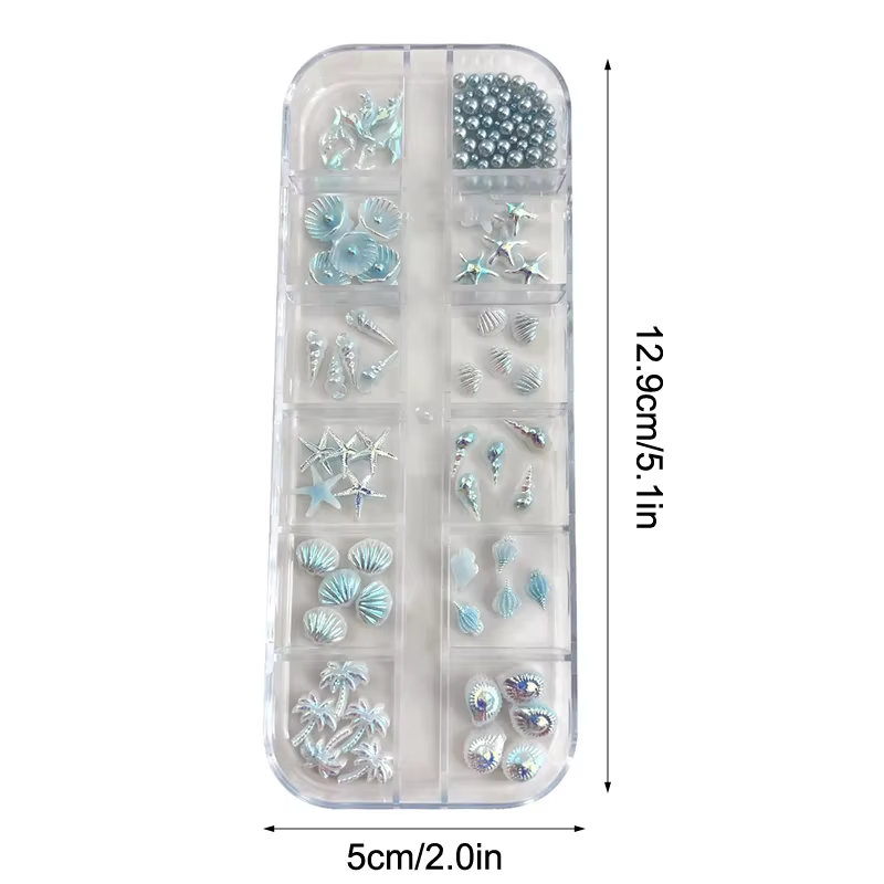 12 grilles/boîte bleu blanc breloque pour ongles coquille étoile de mer queue de sirène 3d accessoires de Nail Art pour un Look de manucure rêve et océanique