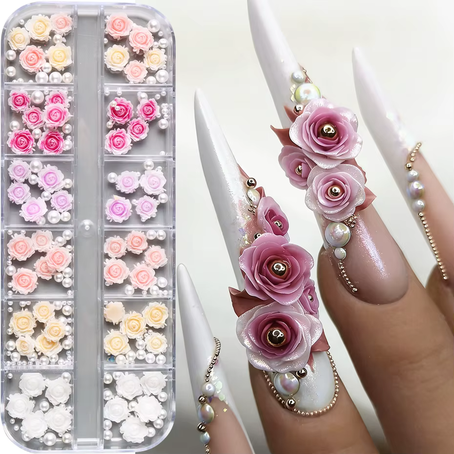 12 Grilles de Breloques pour Ongles en Résine Colorées en Forme de Rose