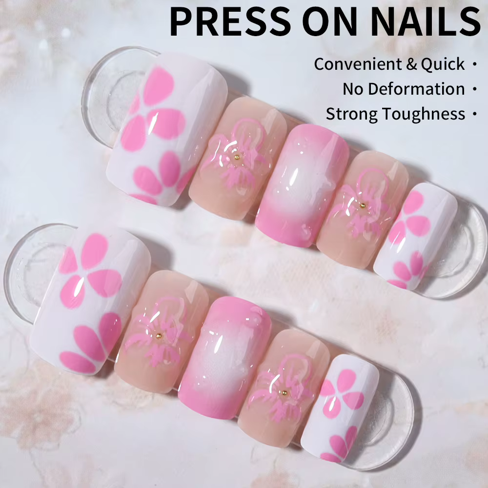 CS 3D gelnail fait des fleurs carrées pointe française presse sur les ongles ajustement moyen parfaitement acrylique