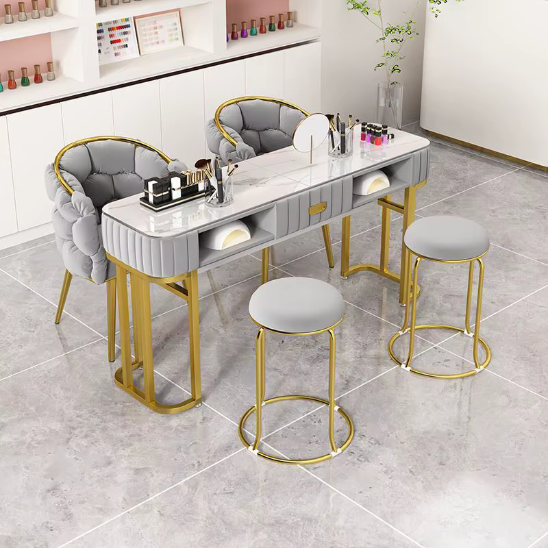 Table de manucure en marbre, poste de travail à ongles multi-niveaux en bois, bureau à ongles portable vert de luxe léger, mobilier de salon de beauté