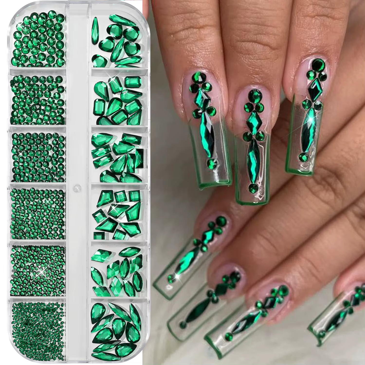 12 grilles de strass 3D vert émeraude pour nail art