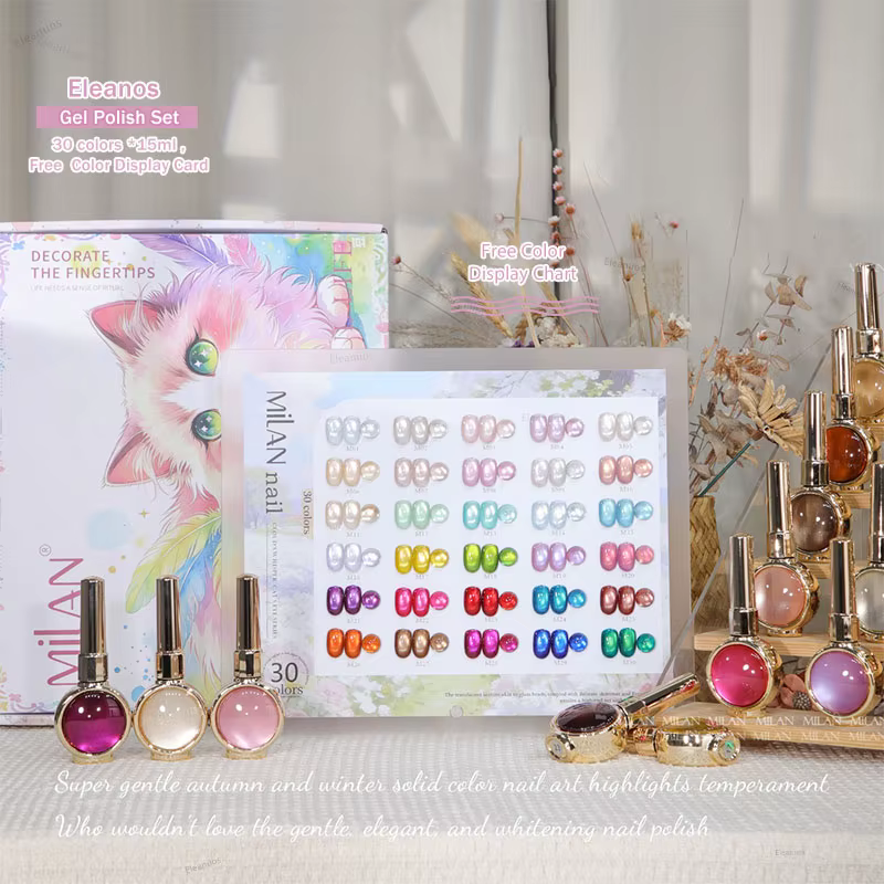 Eleanos HighEnd – Kit de vernis gel magnétique œil de chat 30 pièces 15 ml avec nuancier et différents flacons décorés