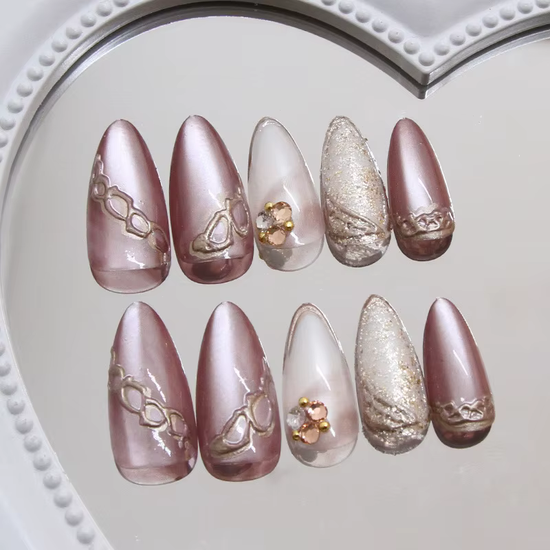 Faux ongles œil de chat marron à pression pour filles