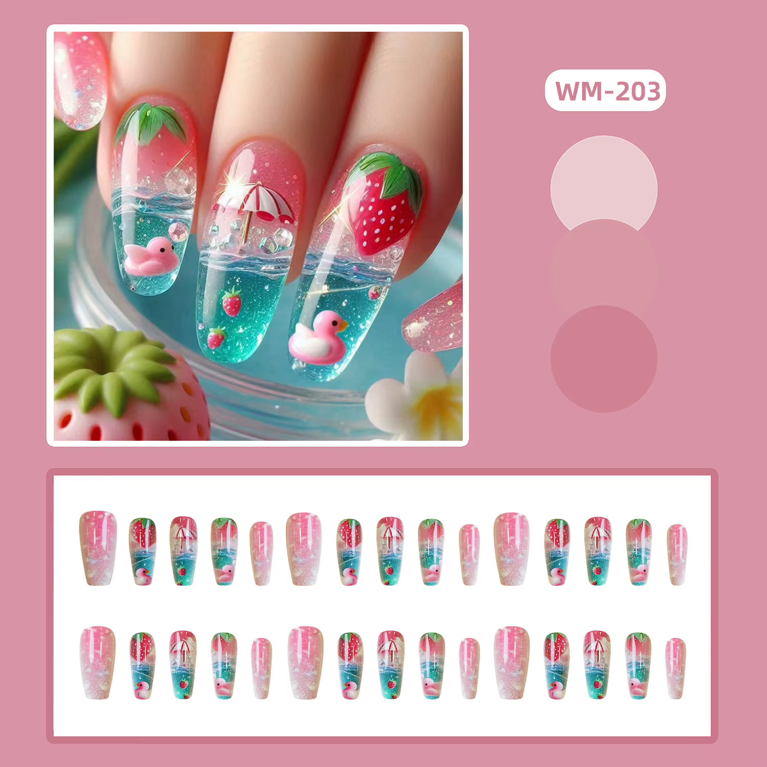 Canard conçoit presse sur les ongles avec fraise frais jour d'été faux