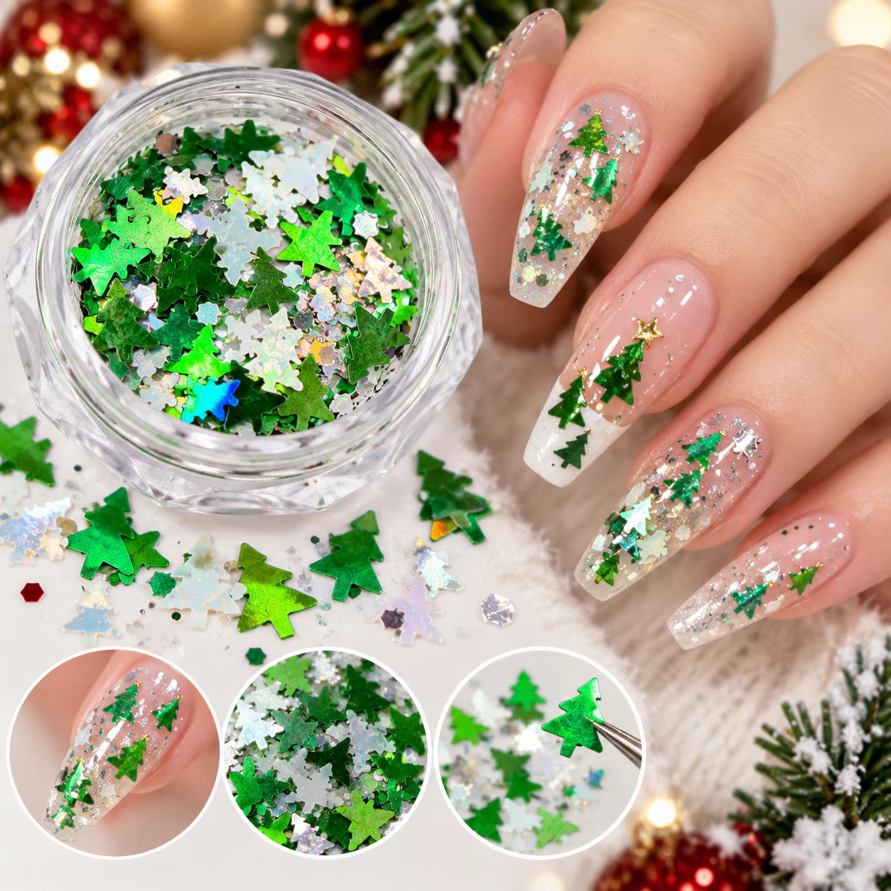 Décorations d'ongles de Noël : paillettes holographiques, confettis flocons de neige, décorations d'ongles de Noël vertes, flocons 3D pour vernis gel DIY