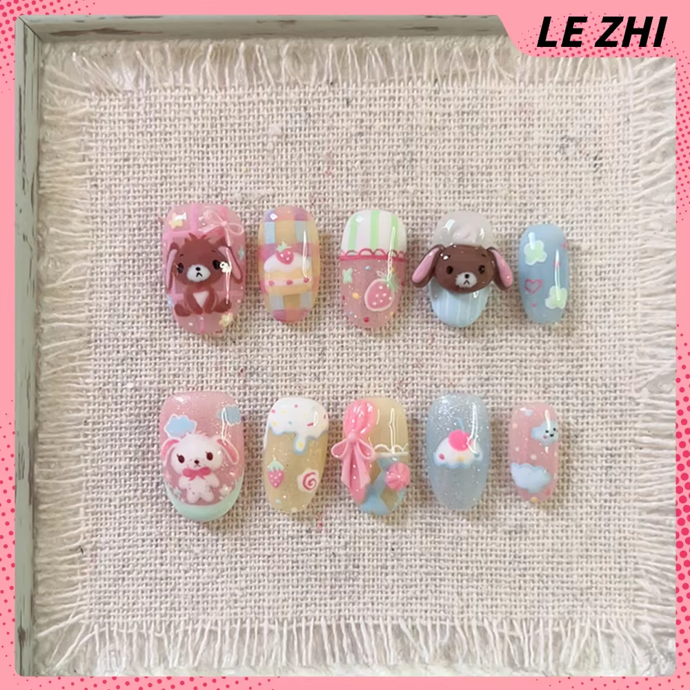 Dessin animé Kawaii Rilakkuma Long carré Stiletto fait à la main couverture complète ongles Biscuit fraise Notes de