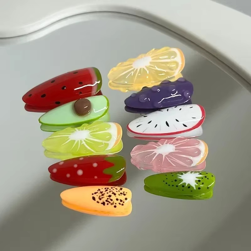 10 pièces à la main fruits d'été faux ongles avec outils 3d citron dessin animé fraise réaliste