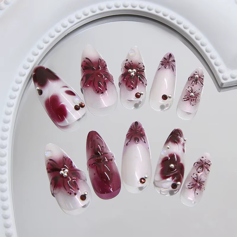 24 pièces fleur impression presse sur ongles vin rouge Blush amande faux