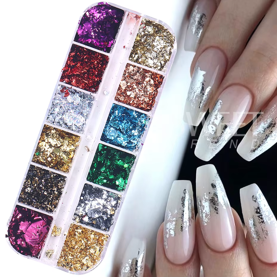 12 grilles feuilles d'or ongles paillettes aléatoires holographiques aluminium feuille d'ongle flocons autocollants