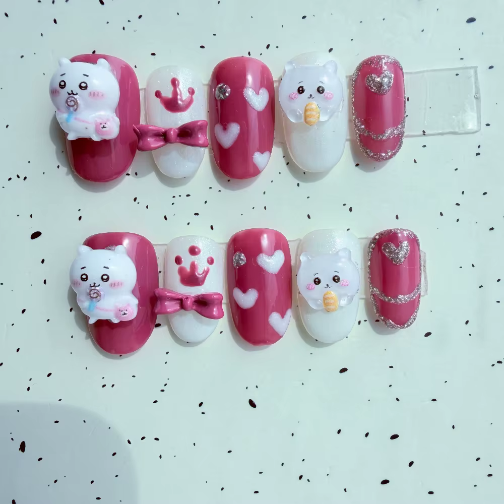 Ongles press-on Chiikawa, mignons, 3D, dessin animé, faux ongles rose et blanc, kawaii, nail art pour filles, cadeau
