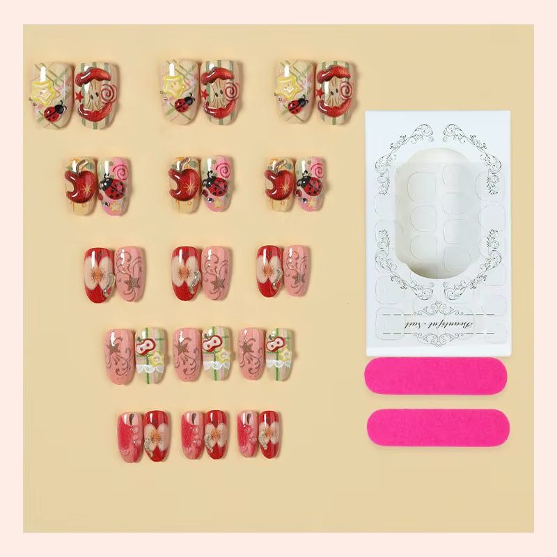24 faux ongles courts ovales rouges et roses avec motifs 3D pomme
