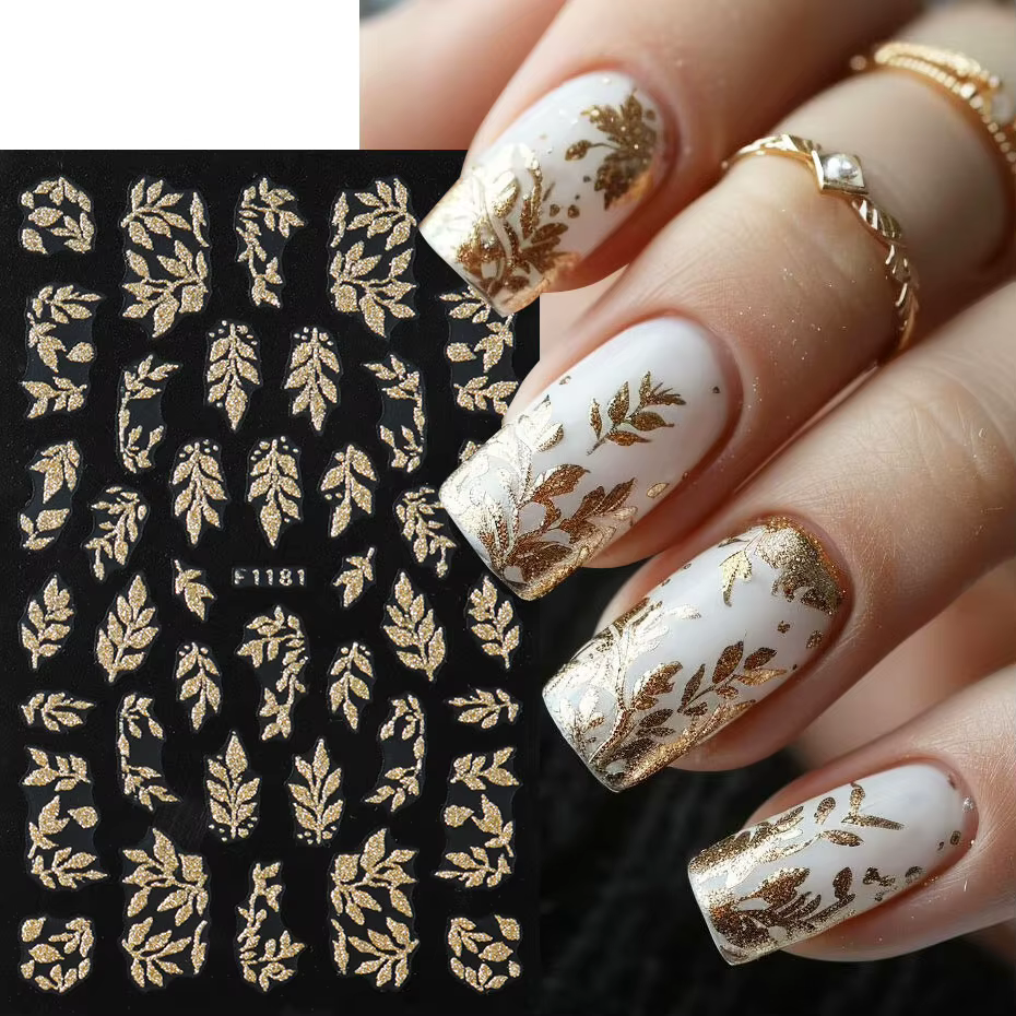 Autocollants pour ongles en feuilles dorées à paillettes