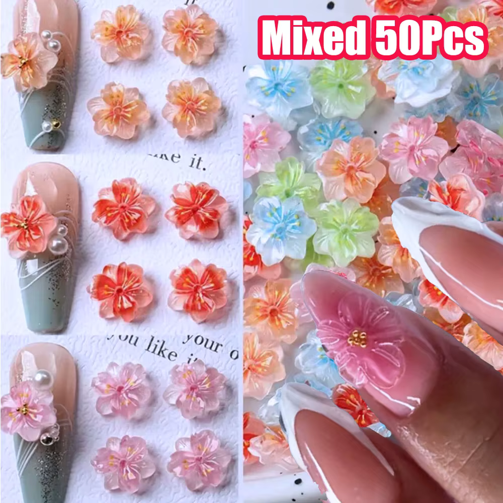 50 pièces/lot 3D mélange dégradé fleur cerisier fleurs ongles breloques coloré été doux Gel cerise Nail Art résine