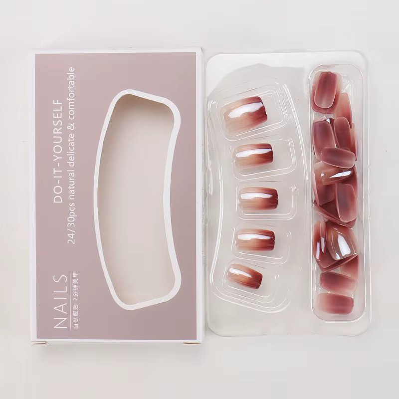 24 faux ongles courts marron œil de chat avec breloques pour filles