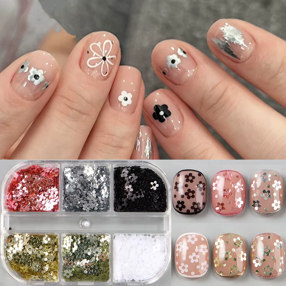 6 grilles Kawaii 5 pétales noir blanc Nail Art flocon Y2K brillant doré ongles fleur paillettes 3D métal