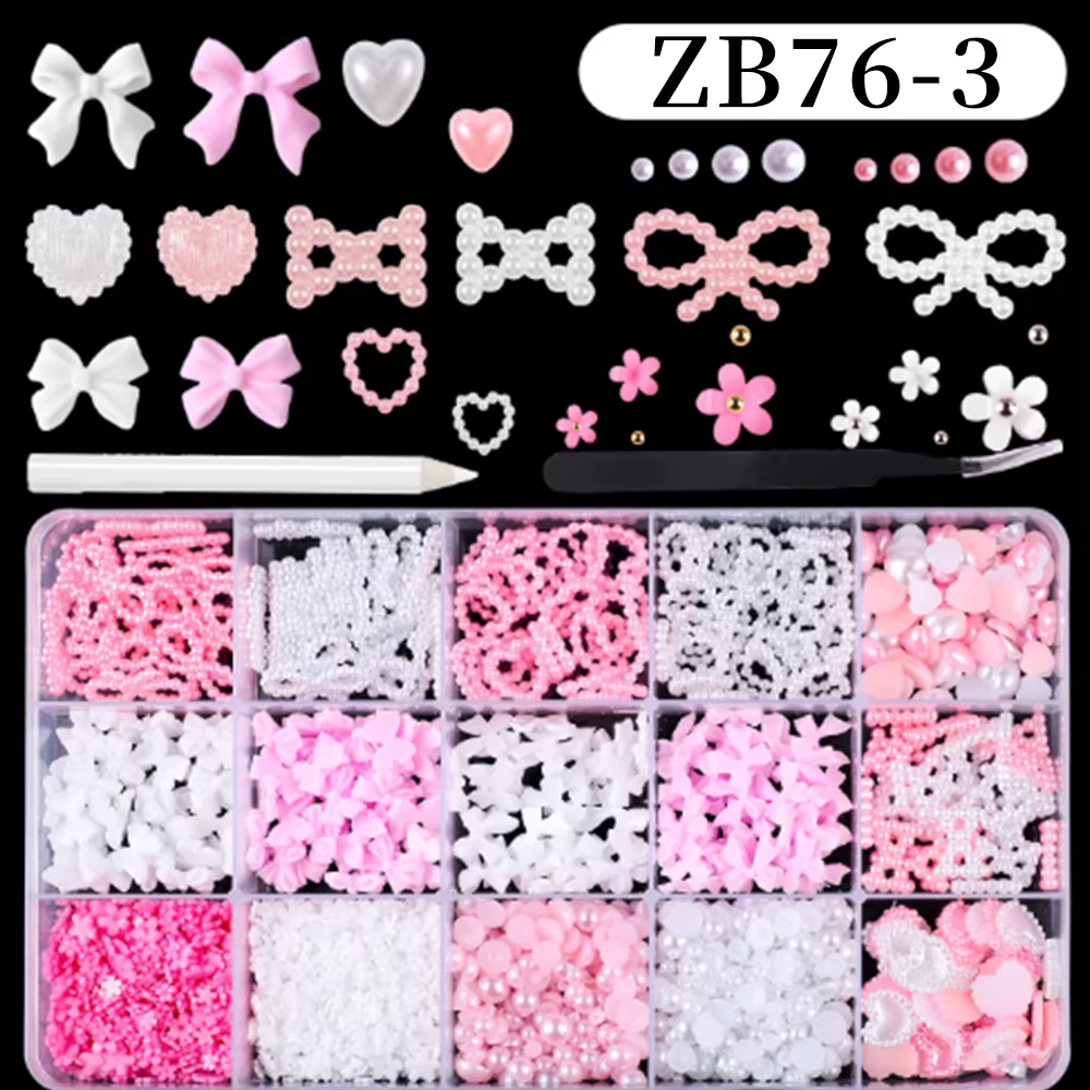 1 boîte mixte blanc perle arc Nail Art breloques doux nacré nœud papillon coeur ongles strass manucure coloré résine accessoires