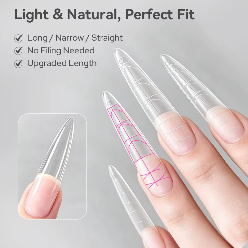 Longs faux ongles stiletto avec guides de longueur intégrés